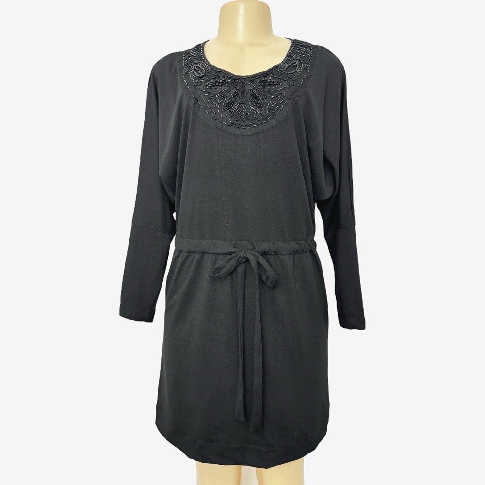 Vintage Collective Concepts Black Beaded Drawstring Tie‎ Waist Short Dress S